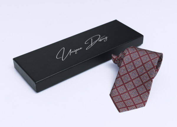 Silk Tie in Shades of Red & Light Blue